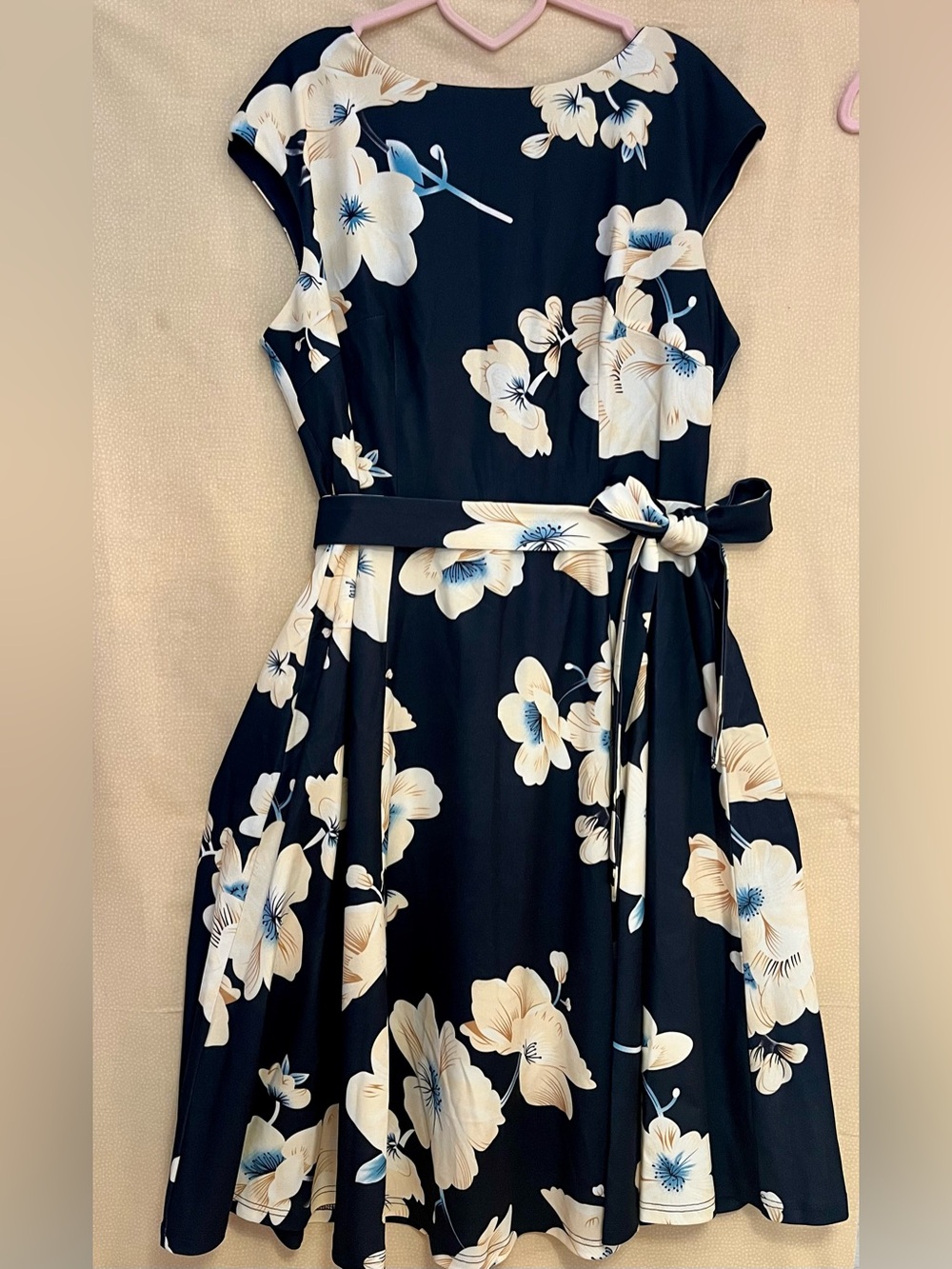 Women’s Navy Floral Midi Dress with Belt